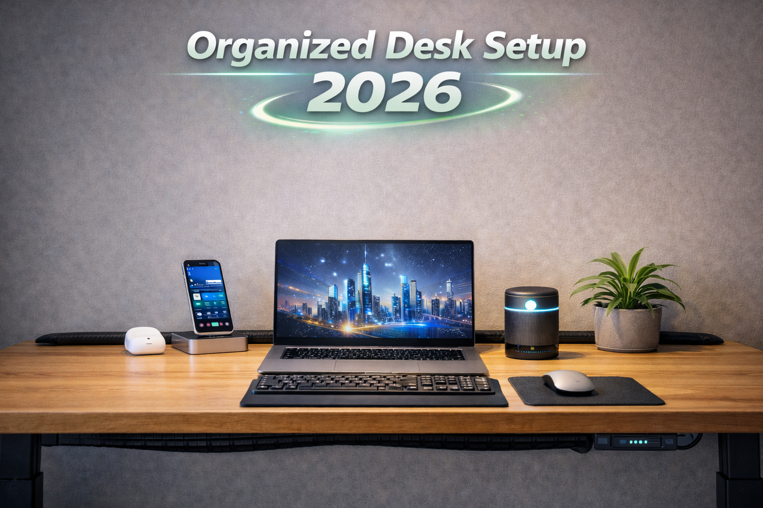 Organized desk with cable sleeves and minimalist accessories